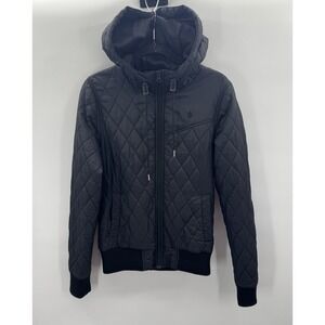 Volcom Black Puffer Bomber Jacket Medium 12 Diamond Quilted Hooded Light Puff